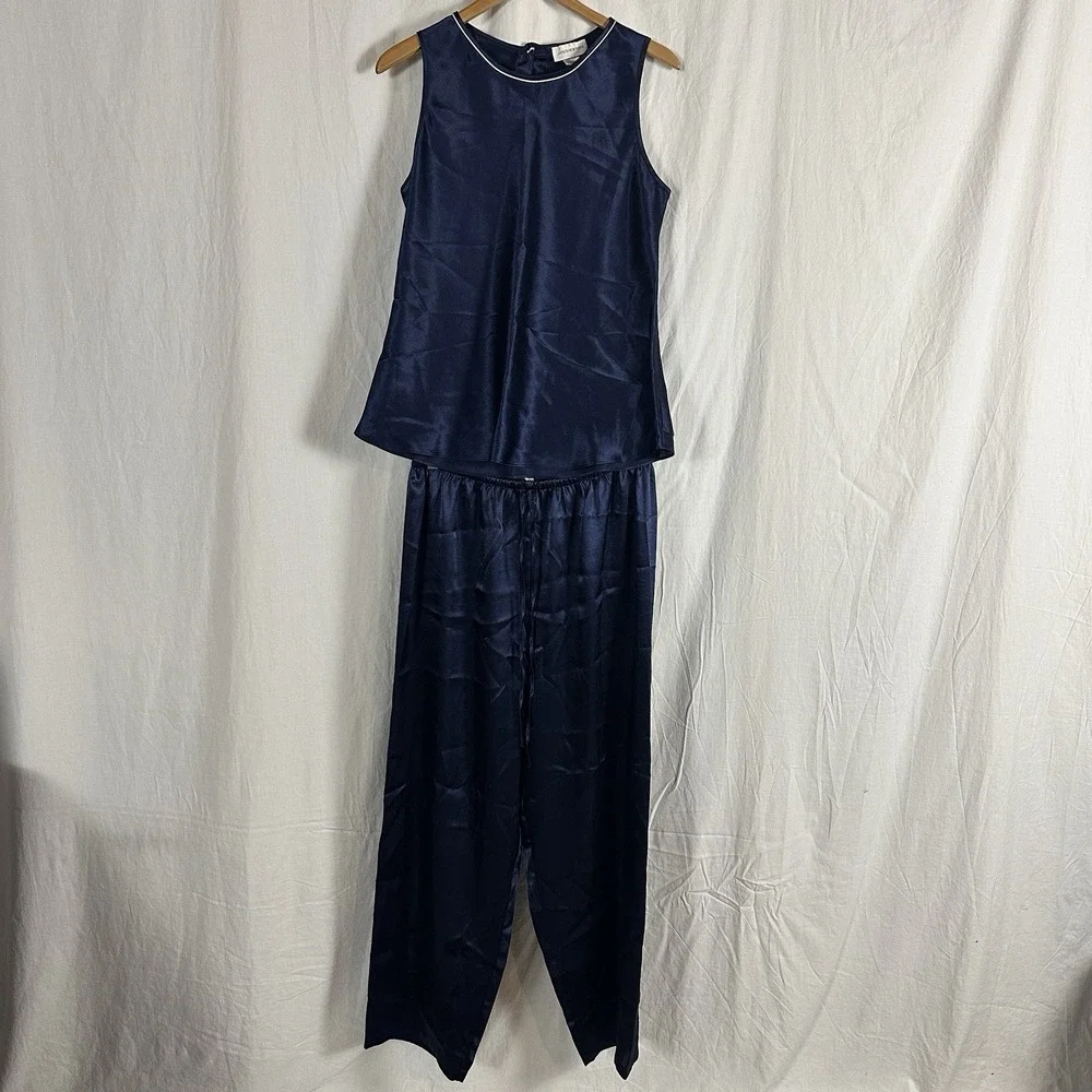 Jones New York Satin Sleep Set Womens Large Navy Tank Top Pants‎ Lounge